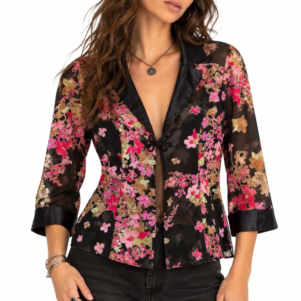 Y2K 90s Floral Burnout Velvet Kimono Medium Frog Romantic Fairy Sheer Whimsical